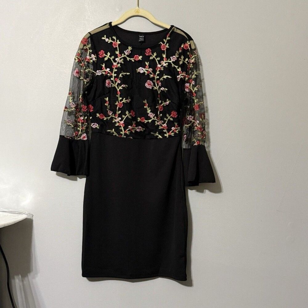 SHEIN Black Floral Embroidered Mesh Dress Size M Bell Sleeve Cocktail Party